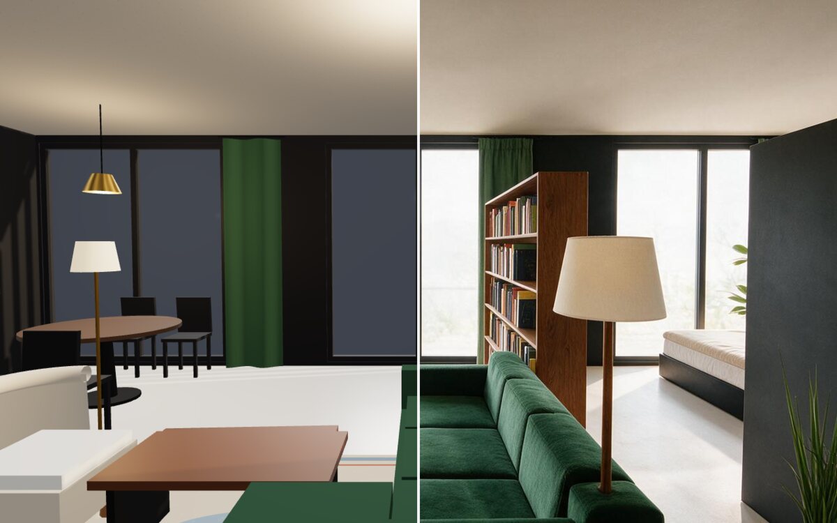 the same room as a 3D render on the left and as a staged listing photo on the right